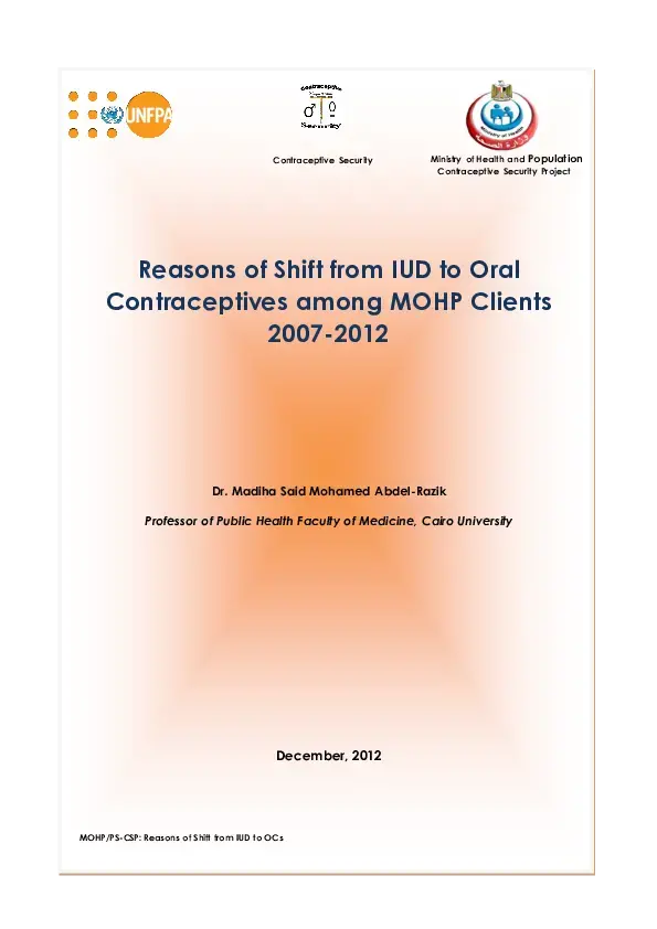 Reasons for Shift from IUDs to Oral Contraceptives among MOHP Clients, 2007-2012