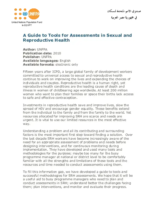 A Guide to Tools for Assessments in Sexual and Reproductive Health